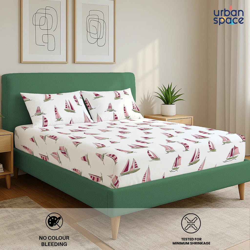 Divine Collection - Cotton Bedsheet With 2 Pillow Covers, Ocean Boats Maroon