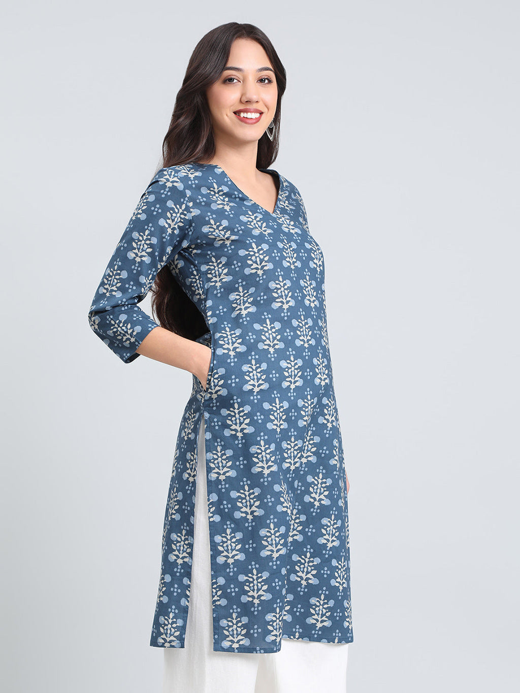 Cotton Floral Block Print Straight Kurta