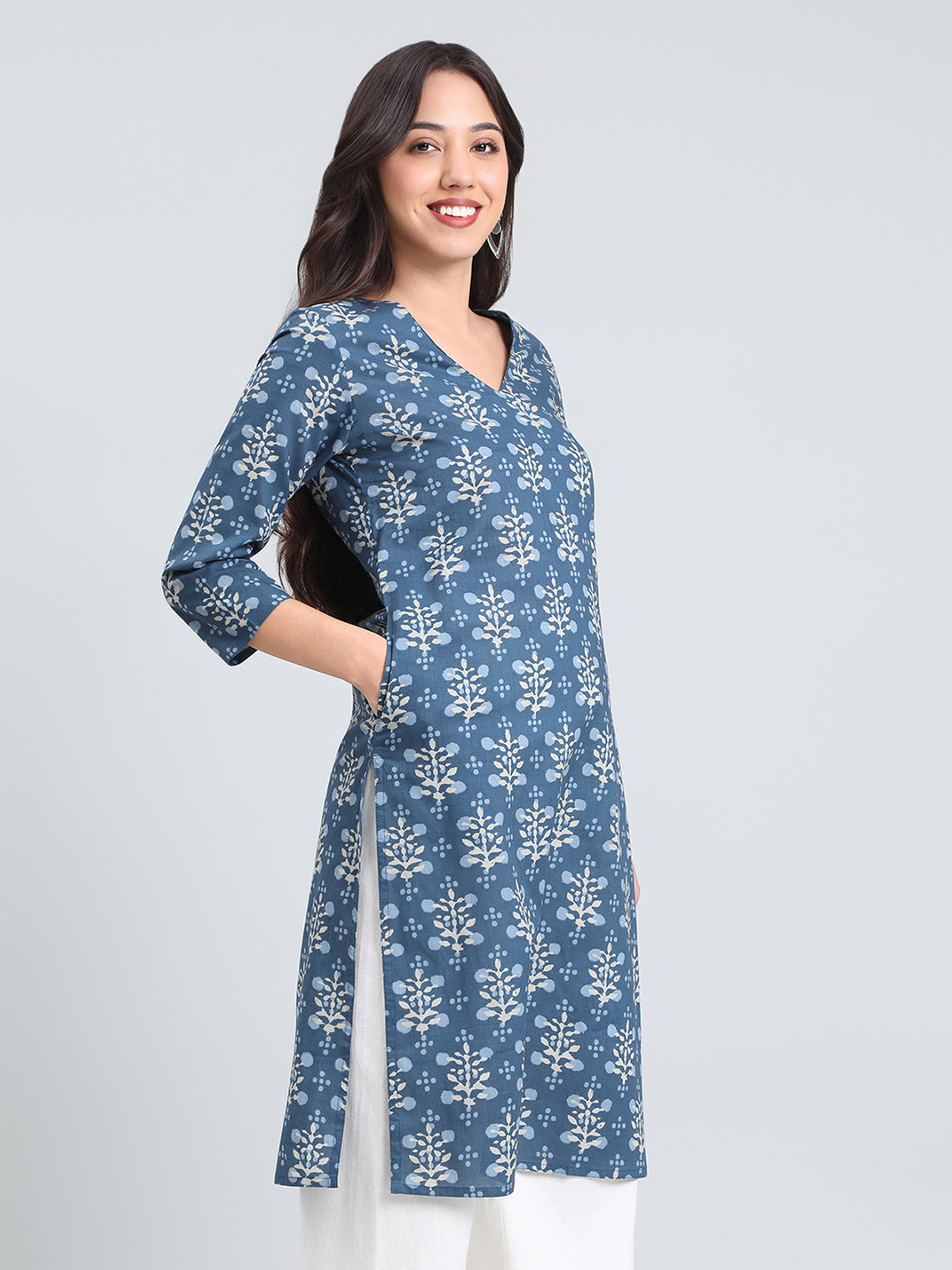 Cotton Floral Block Print Straight Kurta