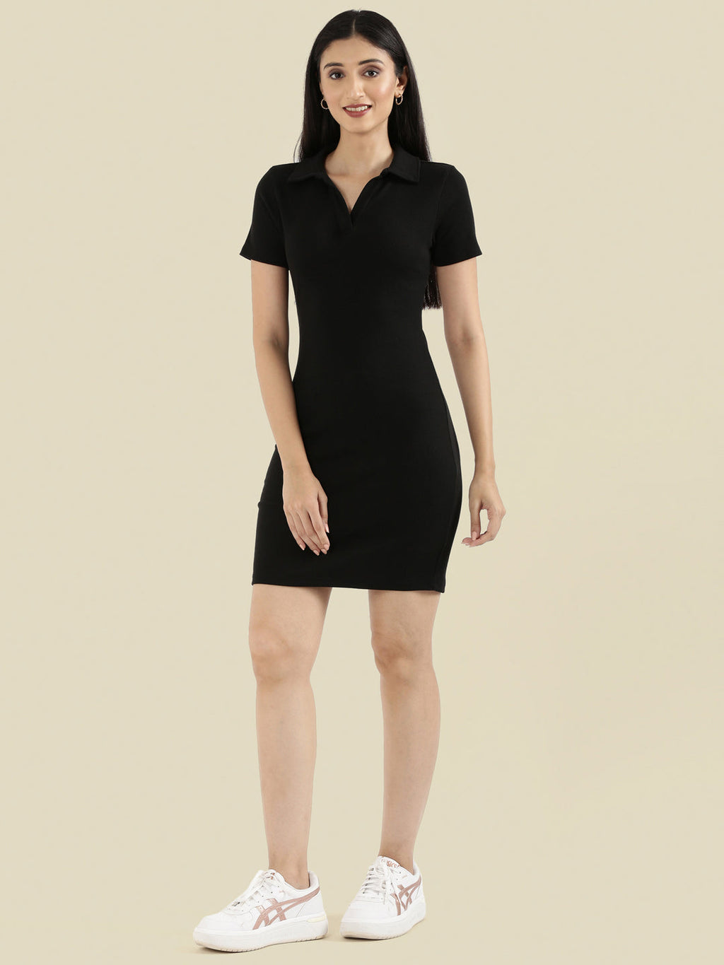 Rib Cotton Slim Fit Polo Neck Short Dress
