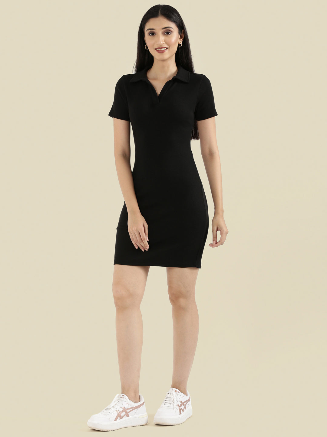 Rib Cotton Slim Fit Polo Neck Short Dress