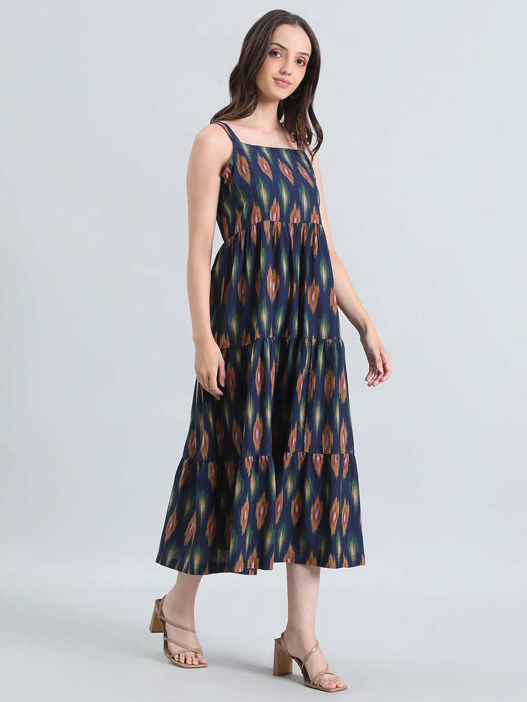 Ikat Print Cotton Smocked Back Tiered Dress
