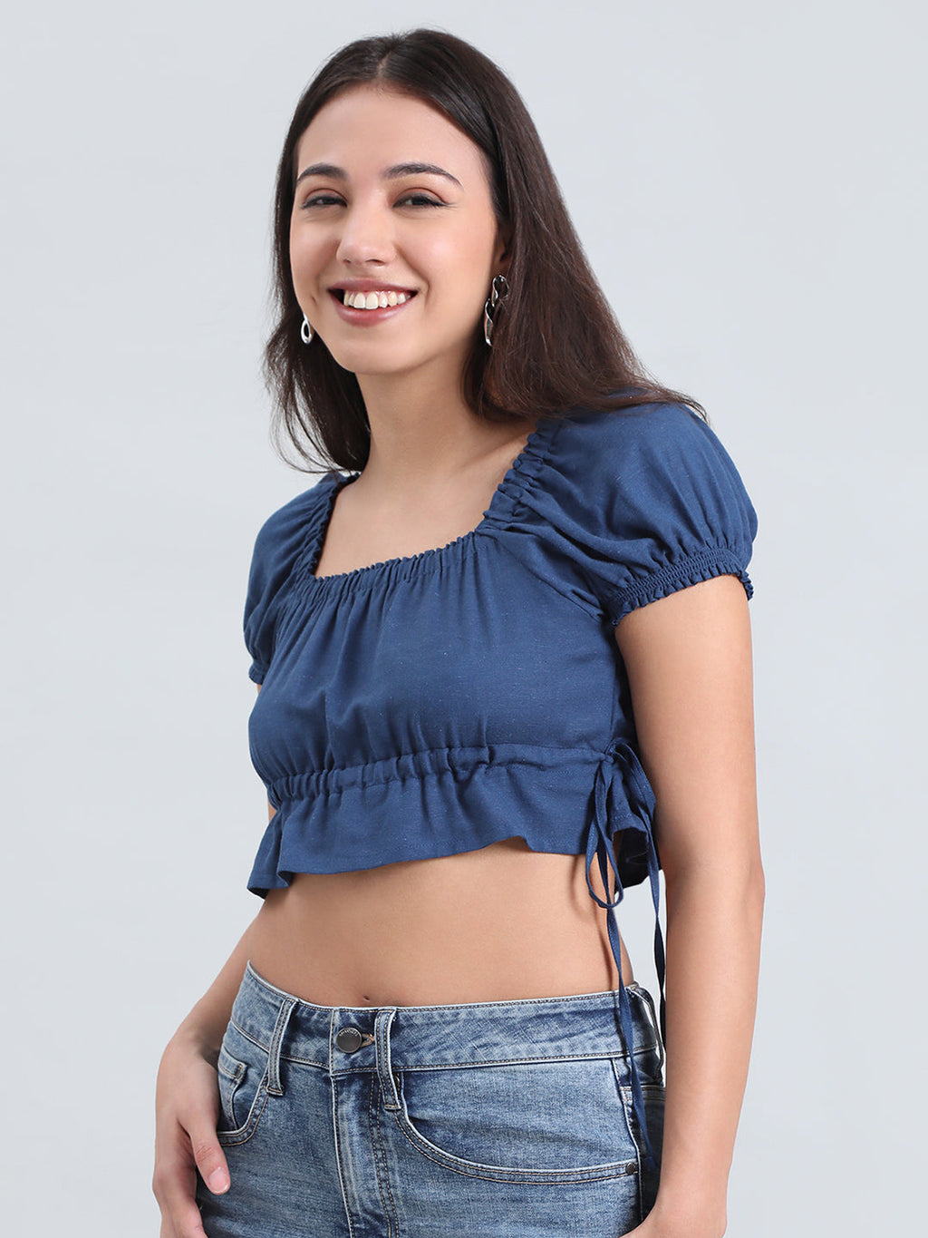 Linen Blend Square Neck Cropped Gathered Blouse