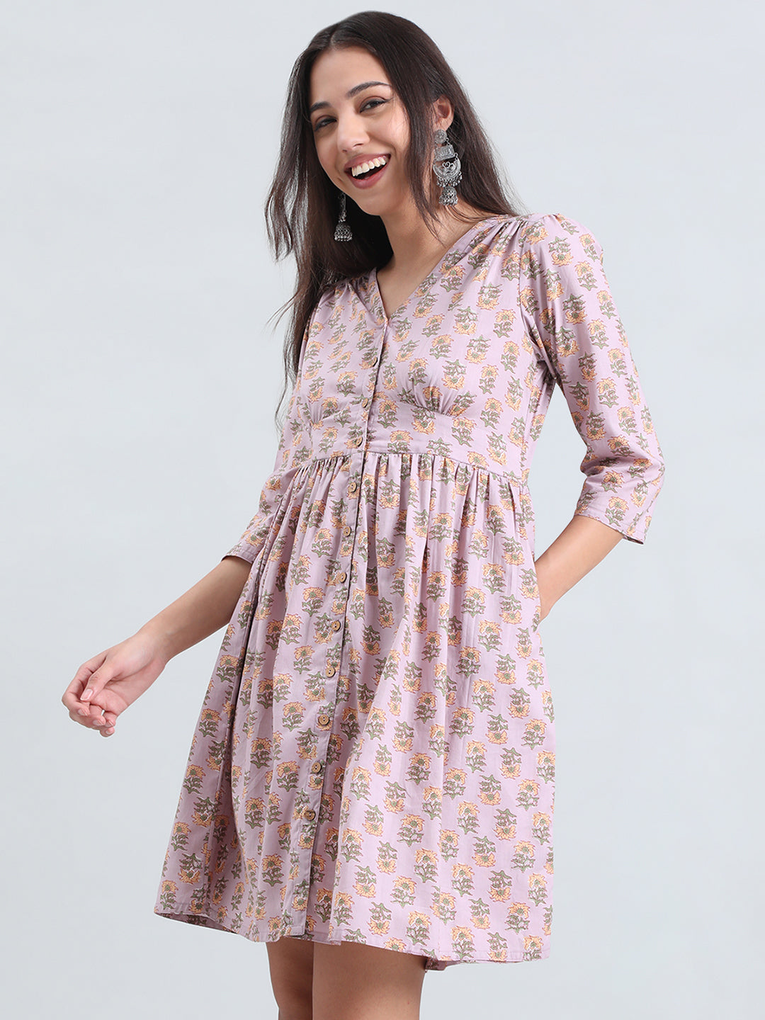 Cotton Sunflower Block Print Short Dress