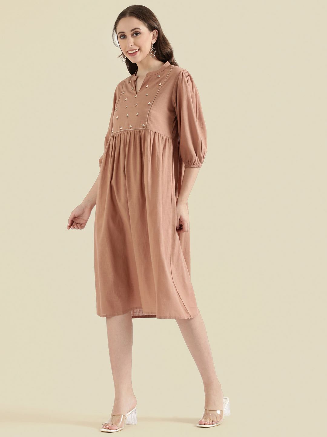 Cotton Slub Butti Embroidered Yoke Gathered Midi Dress