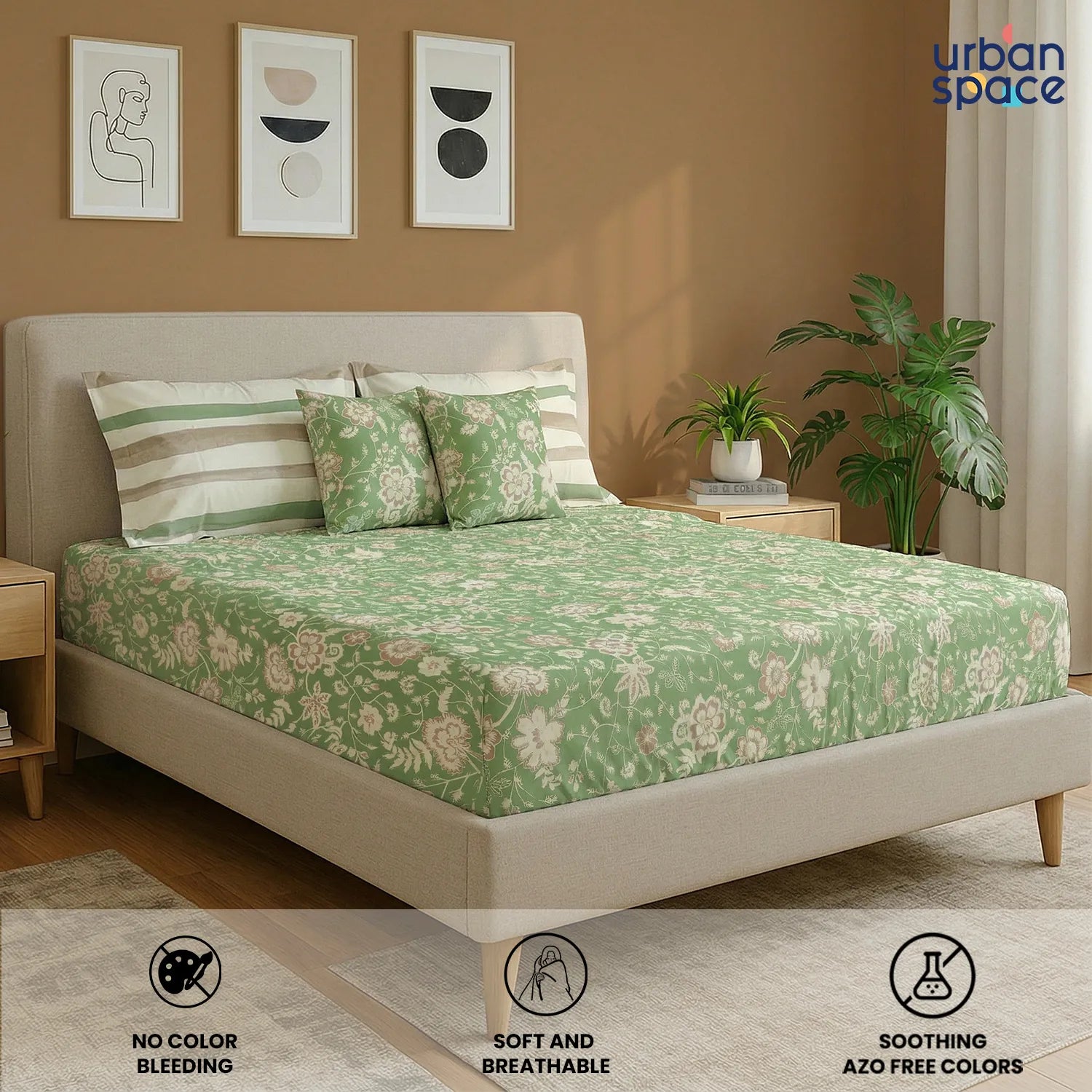 5 PC Cotton Double Bedsheet Set with 2 Pillow + 2 Cushion Covers - Viola Sage Green