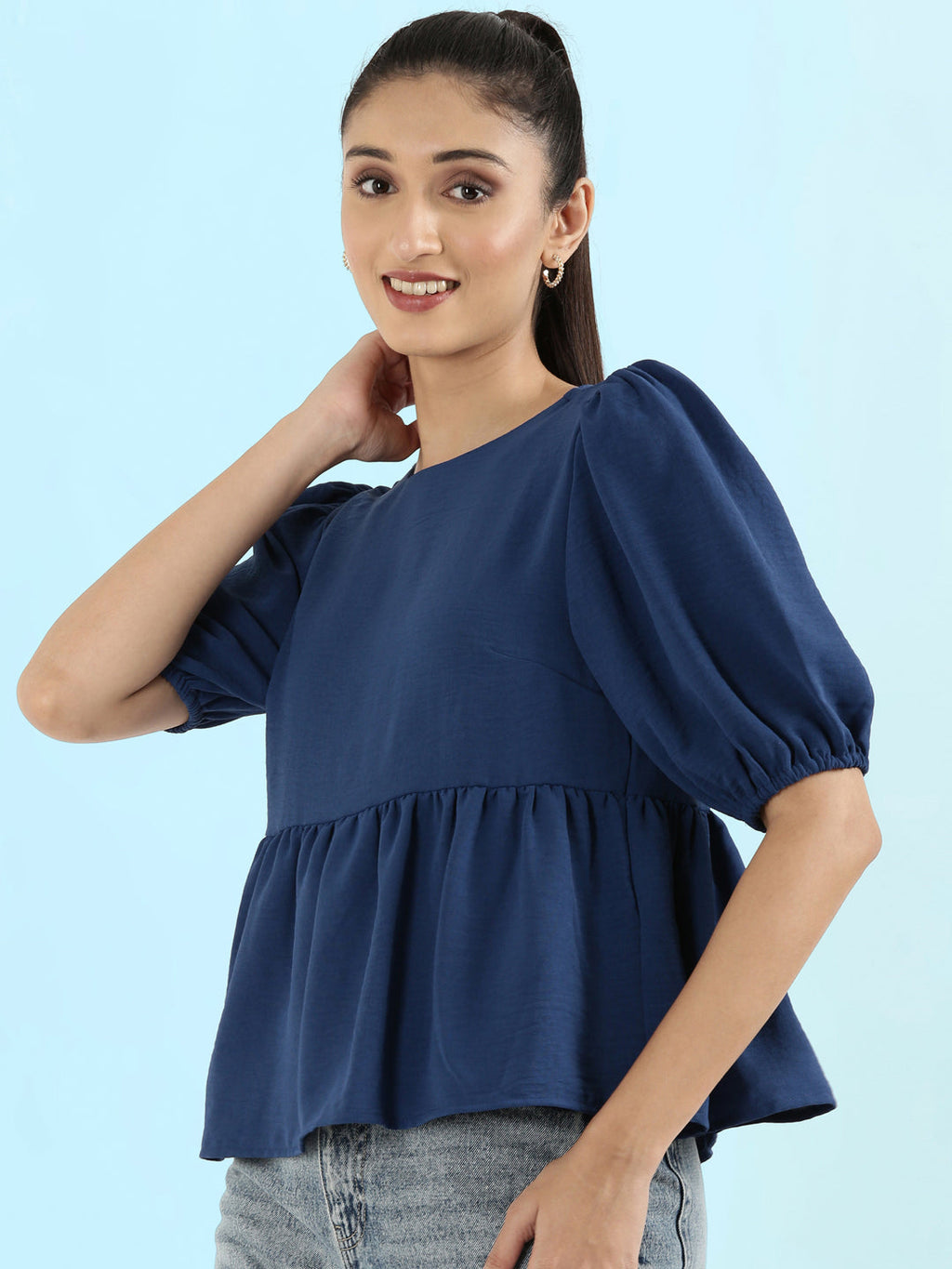 Hammered Crew Neck Peplum Top