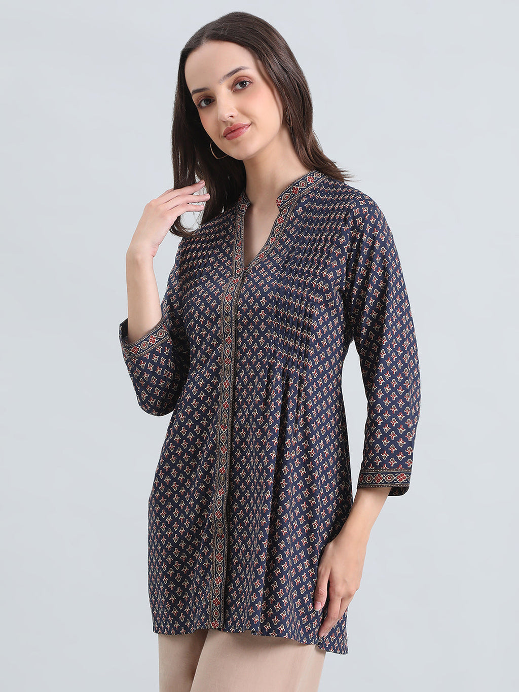 Cotton Ajrakh Buti Print Pintuck Short Kurti