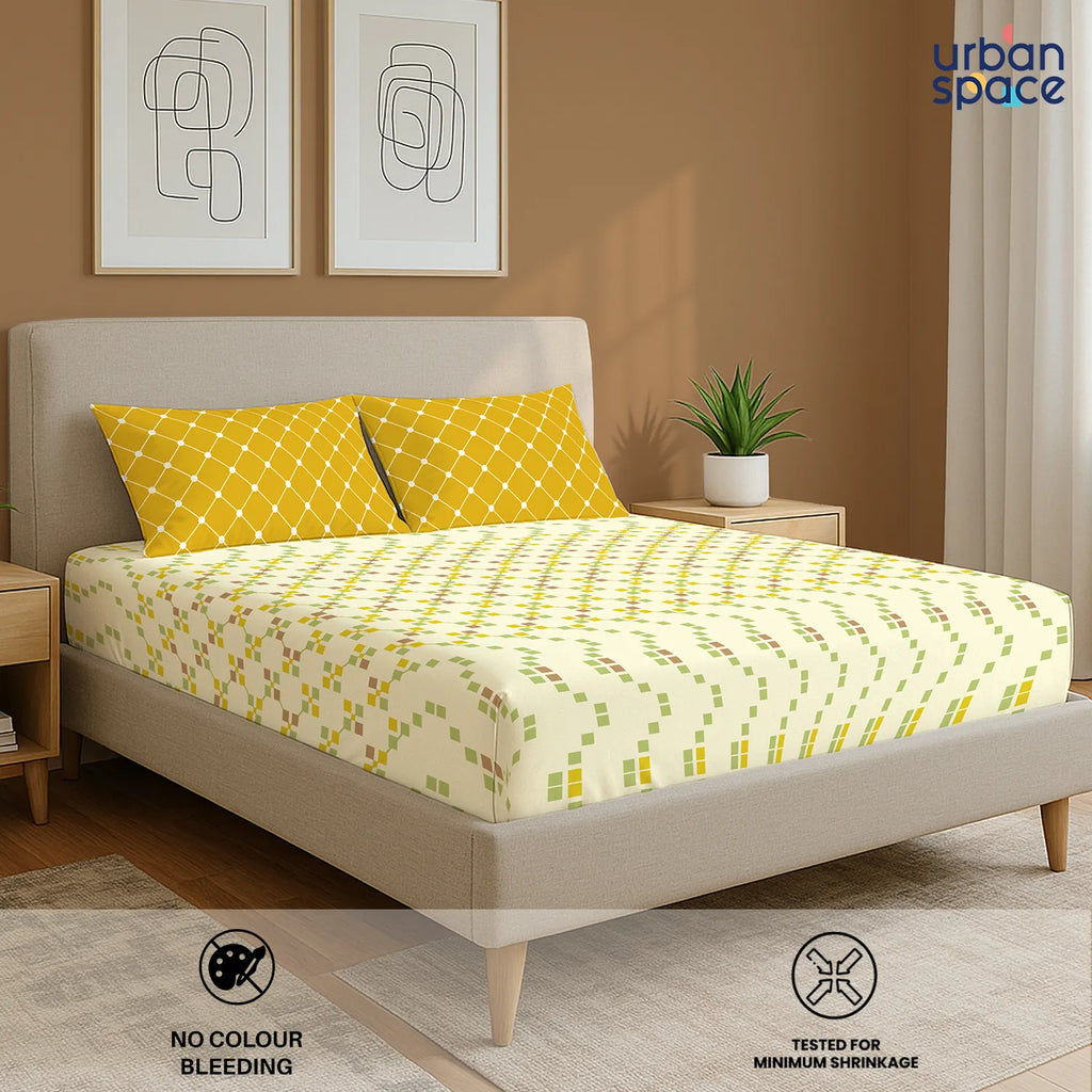 Divine Collection - Cotton Bedsheet With 2 Pillow Covers, Zen Blocks Yellow