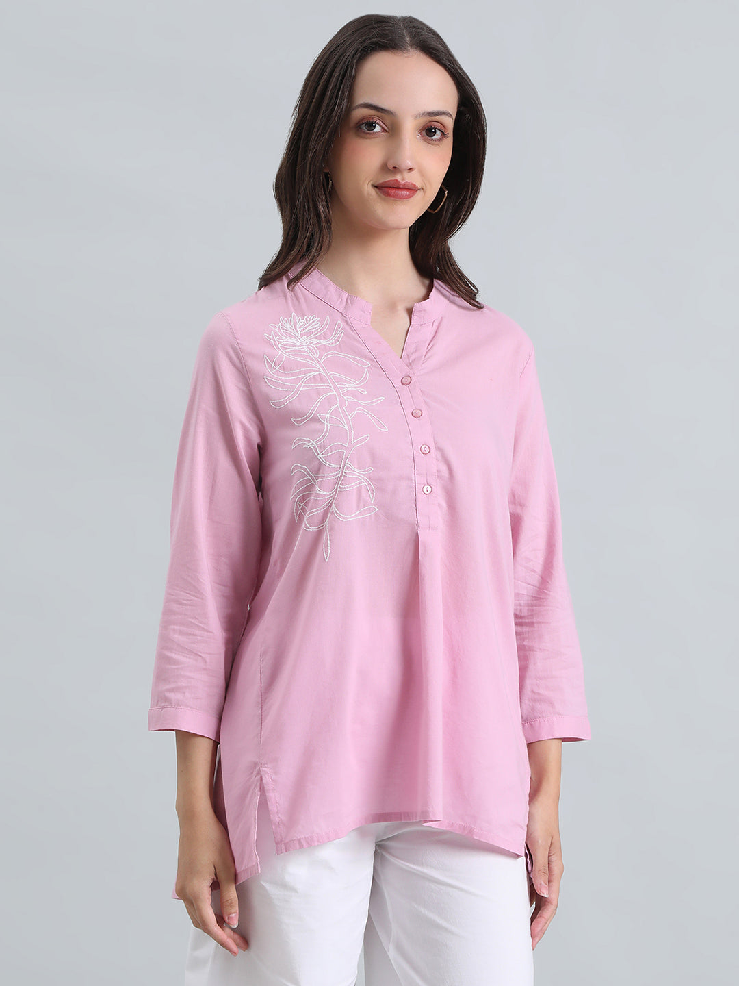 Cambric Cotton Thread Embroidered Mandarin Collar Longline Shirt