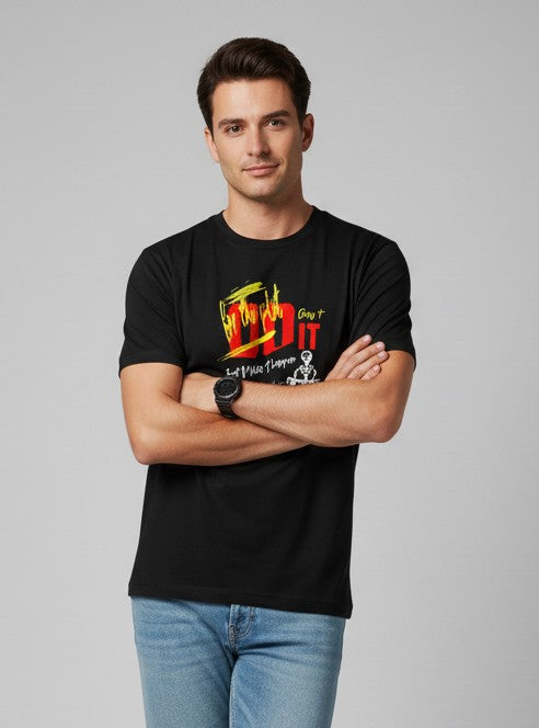 Men Printed Black Cotton Tshirt