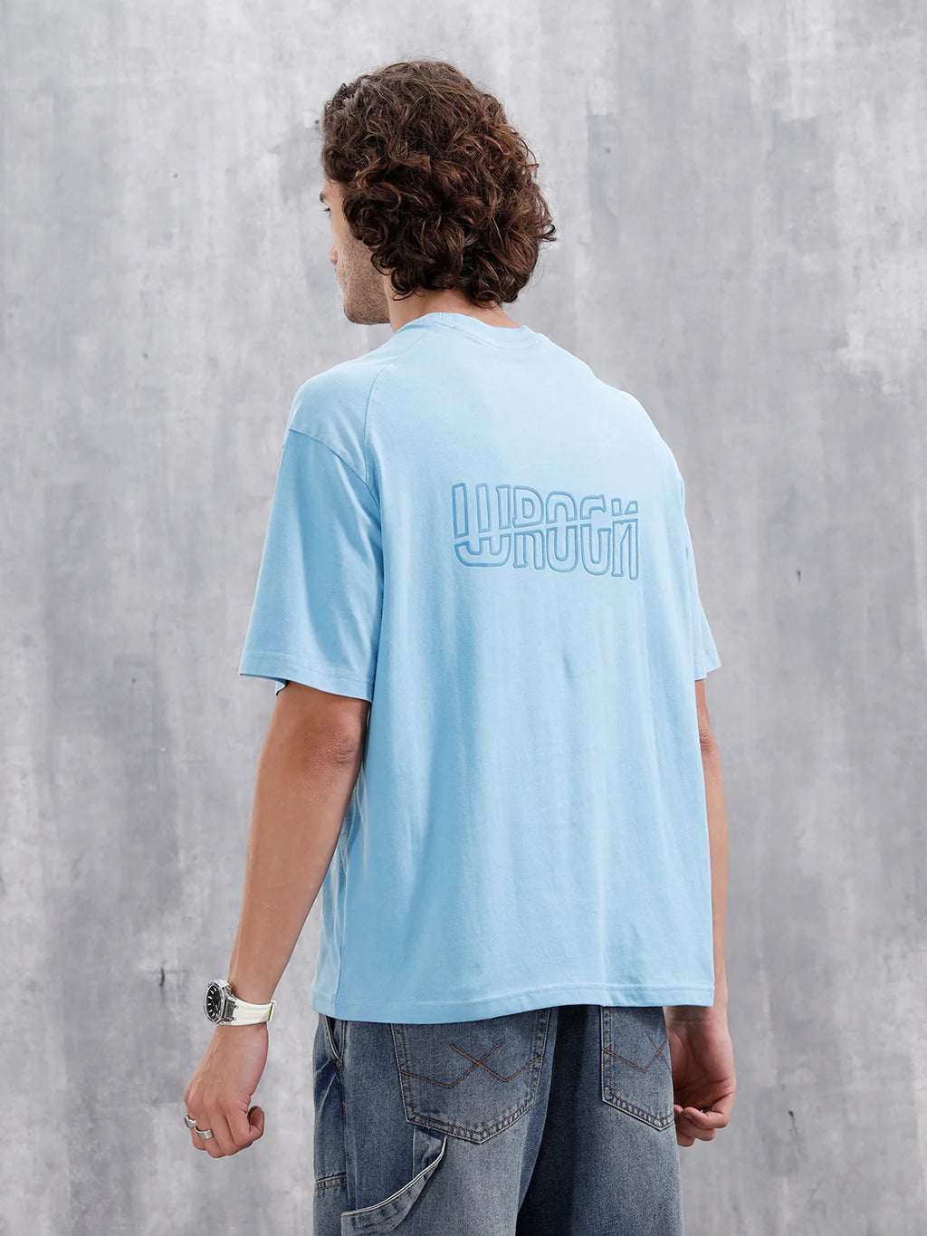 Oversized Crew Neck T-Shirt With Puff Print | Light Blue