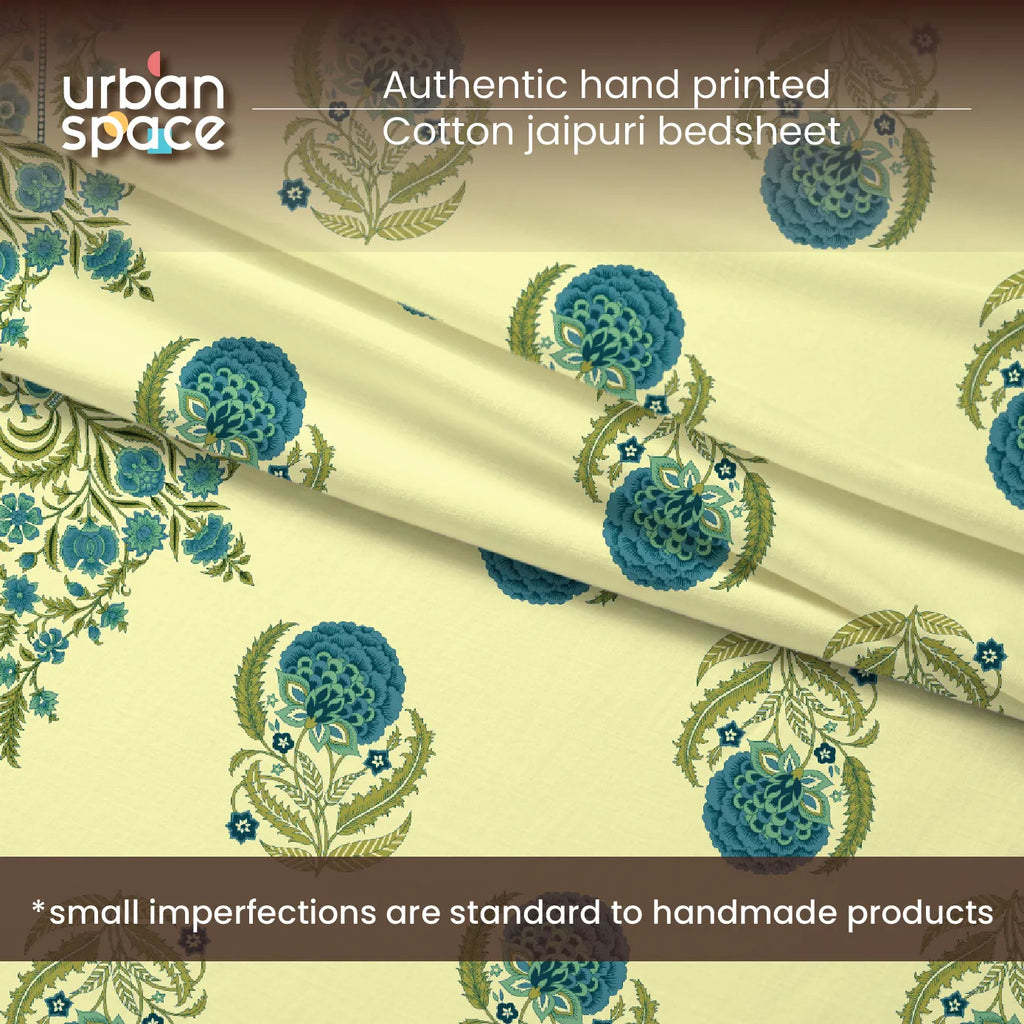Rajasthani Ethnic 100% Cotton Bedsheet with 2 Pillow Covers - Chandbali Sage Green