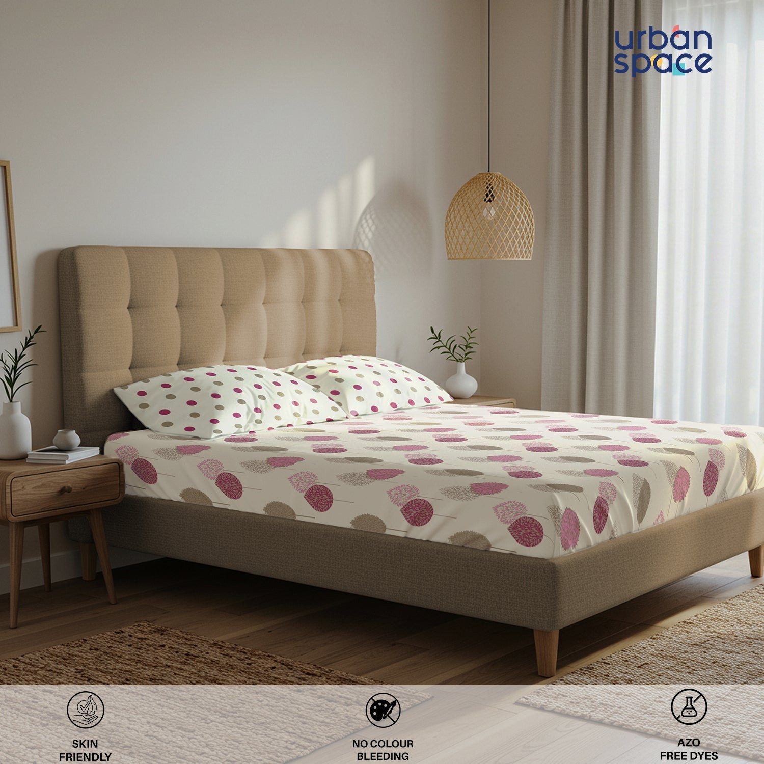 Serene 200 TC 100% Cotton Bedsheet with Pillow Covers - Drops Pink