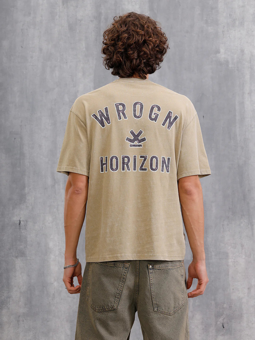 Washed Printed Oversized Fit Pure Cotton T-Shirt | Khaki