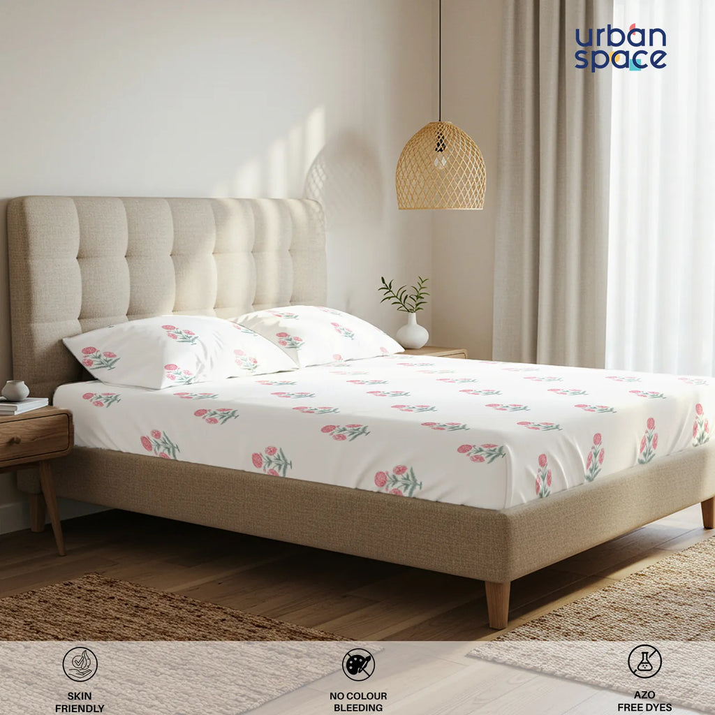 Serene 200 TC 100% Cotton Bedsheet with Pillow Covers - Sunflower - Pomegranate Pink
