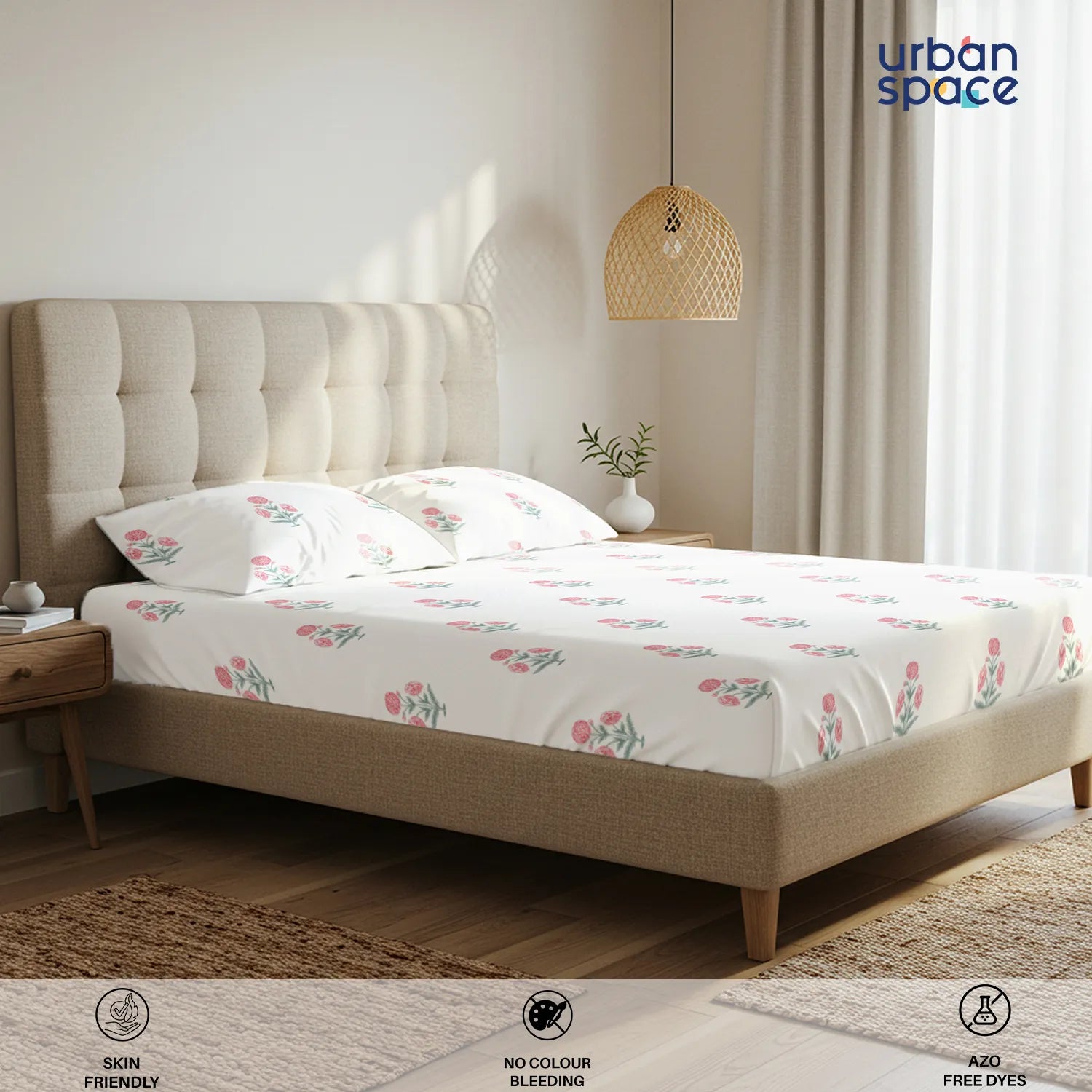 Serene 200 TC 100% Cotton Bedsheet with Pillow Covers - Sunflower - Pomegranate Pink