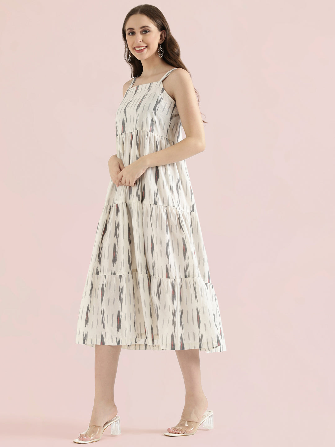 Ikat Print Cotton Smocked Back Tiered Dress