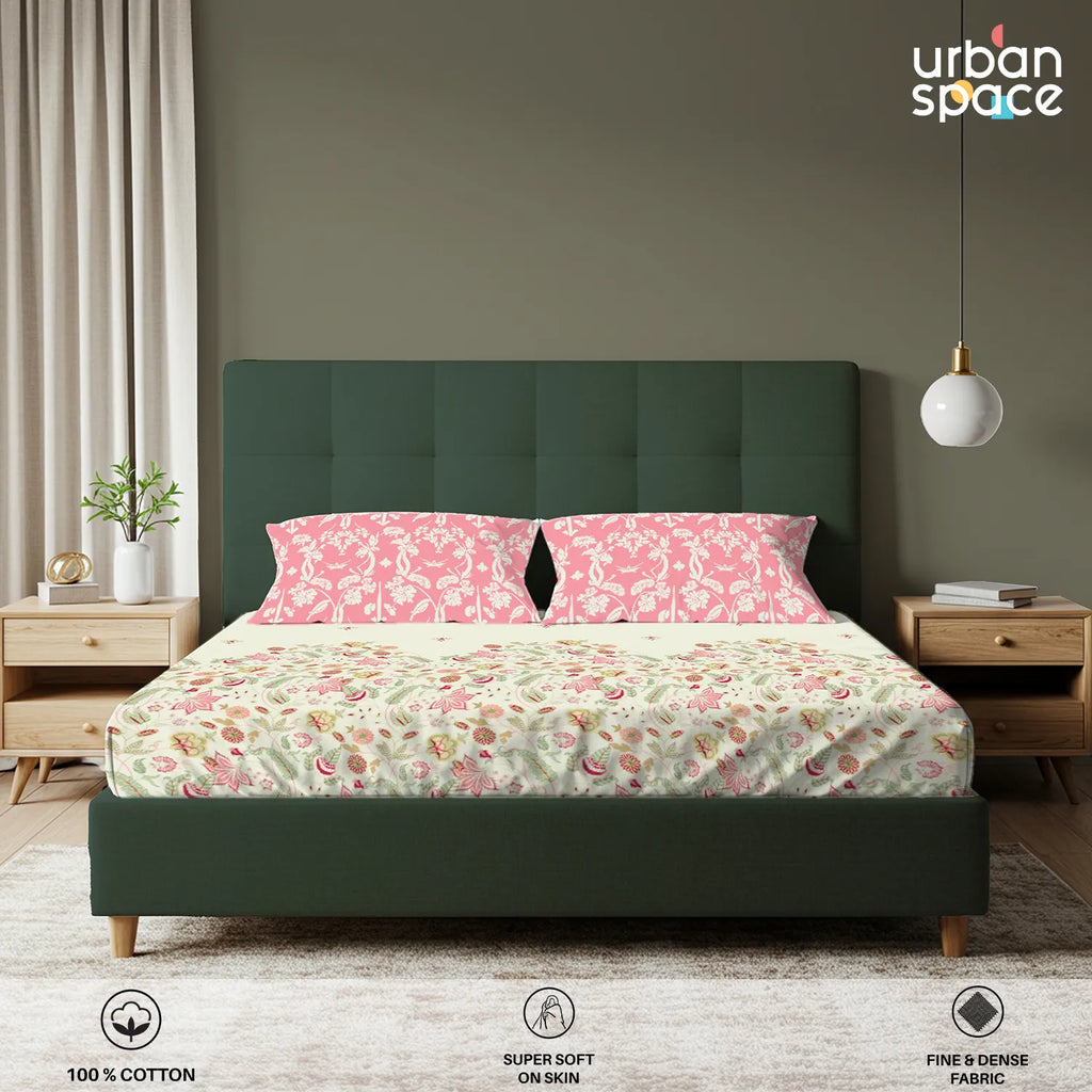 Serene 200 TC 100% Cotton Bedsheet with Pillow Covers - Vine Gardens Peach Pink