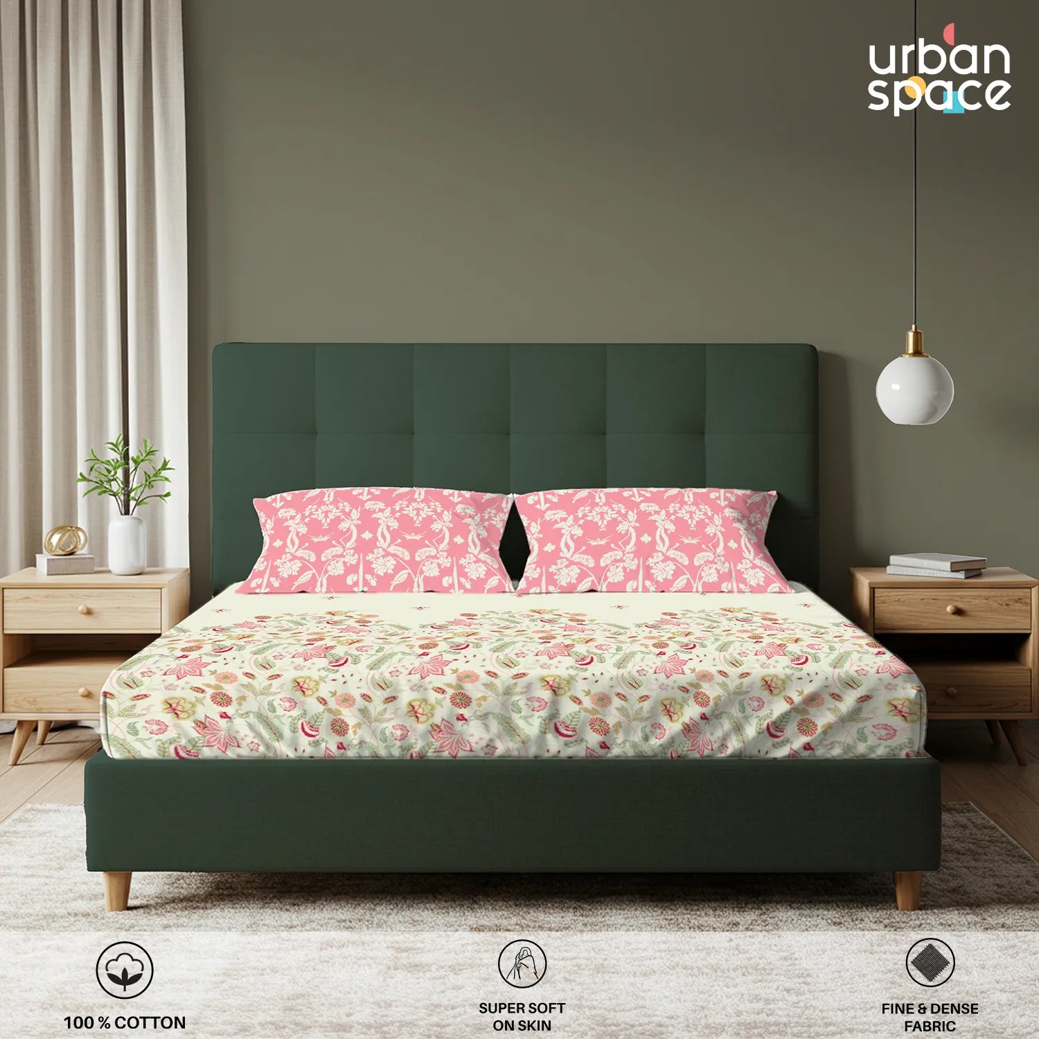 Serene 200 TC 100% Cotton Bedsheet with Pillow Covers - Vine Gardens Peach Pink