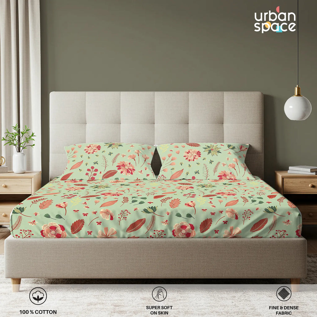 Serene 200 TC 100% Cotton Bedsheet with Pillow Covers - Florence Sage Green