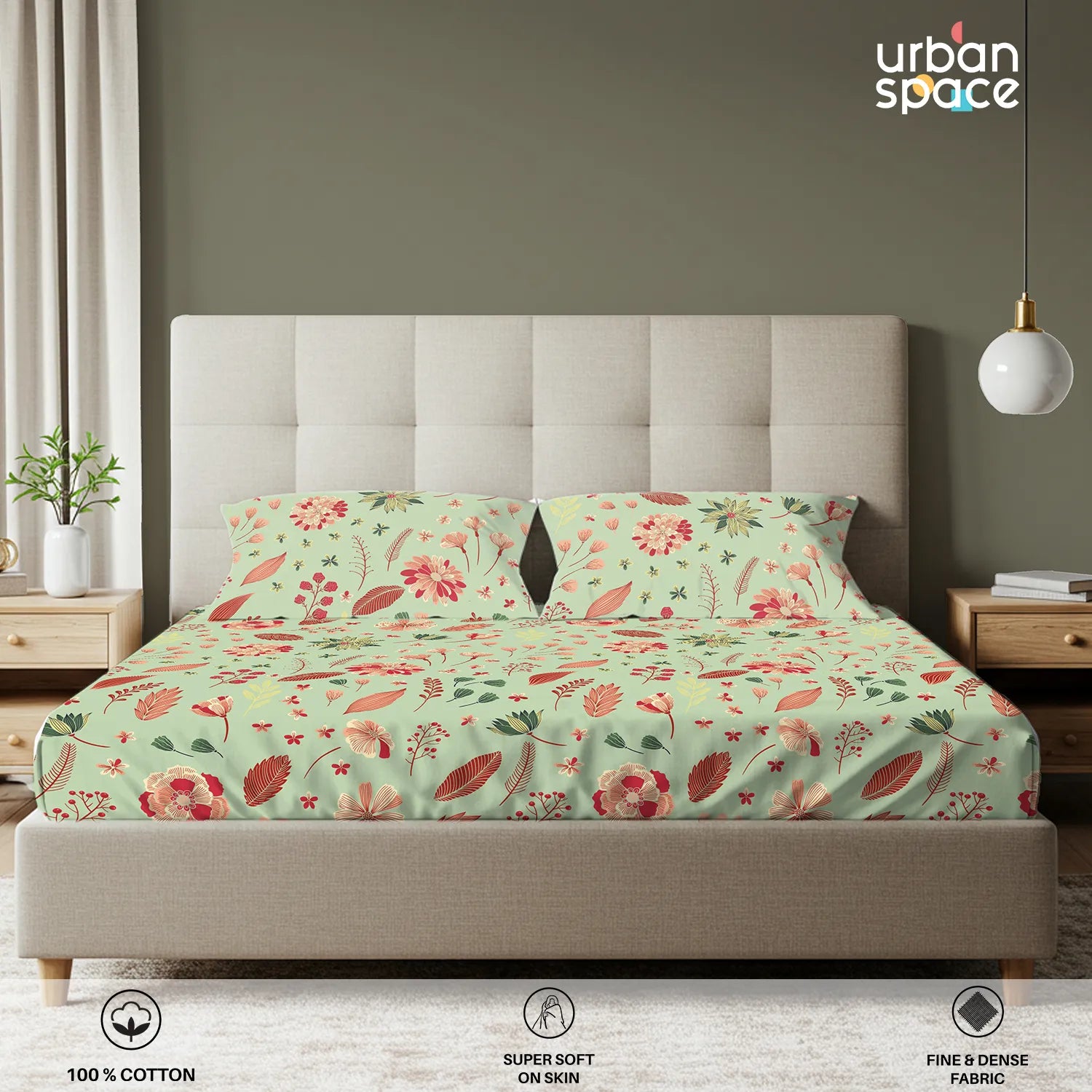 Serene 200 TC 100% Cotton Bedsheet with Pillow Covers - Florence Sage Green