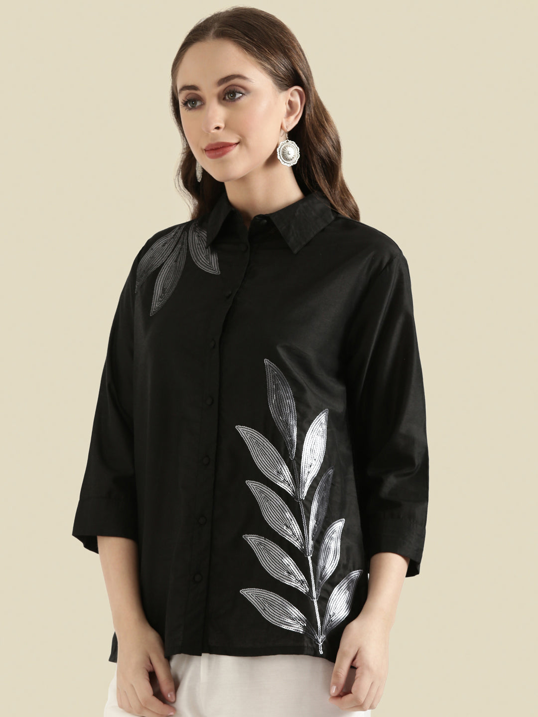 Viscose Sequin Embroidery Classic Collar Blouse