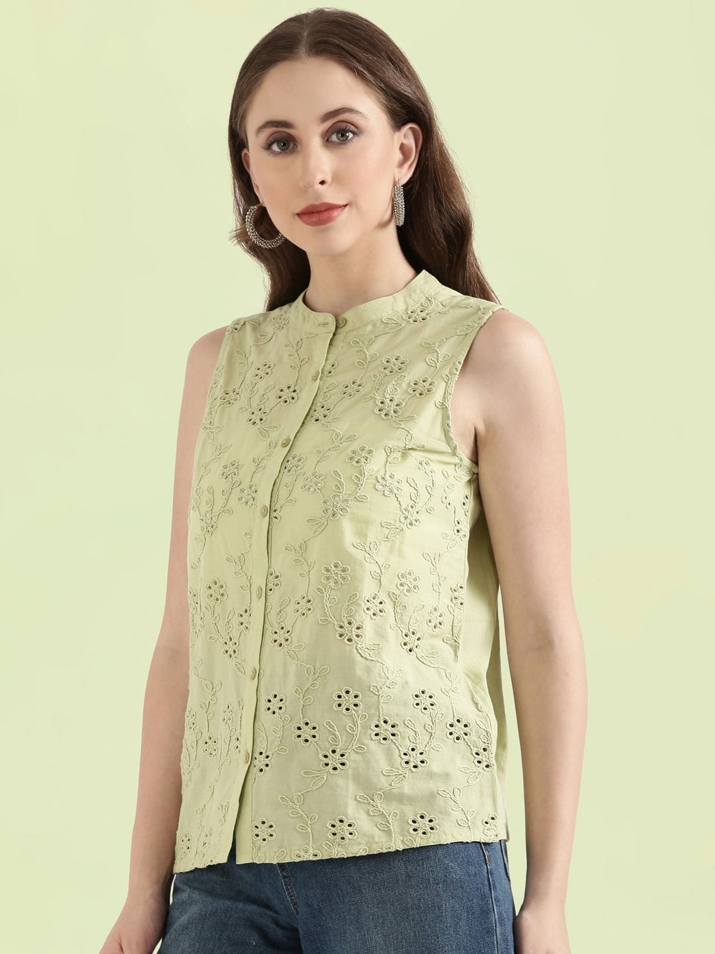 Cotton Embroidered Mandarin Collar Hakoba Blouse
