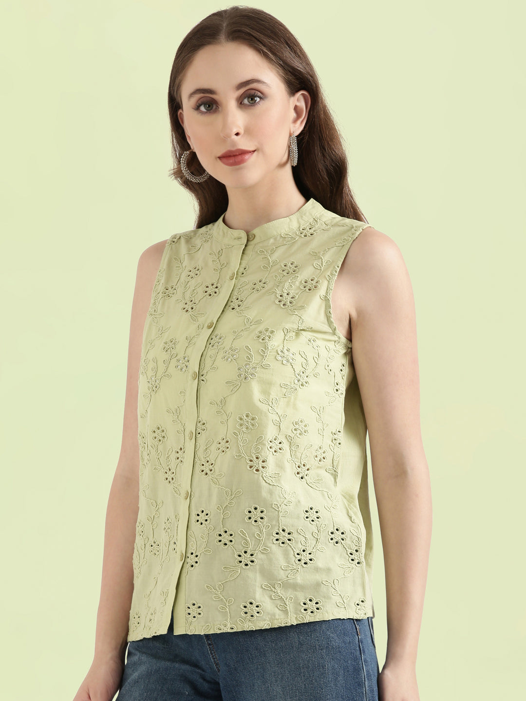 Cotton Embroidered Mandarin Collar Hakoba Blouse
