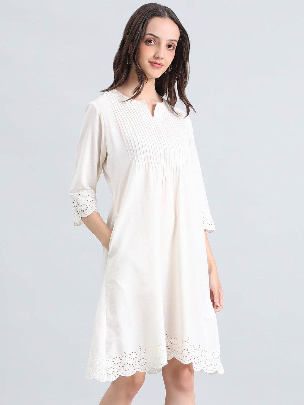 Cambric Cotton Pin-Tuck Schiffli Hakoba Midi Dress