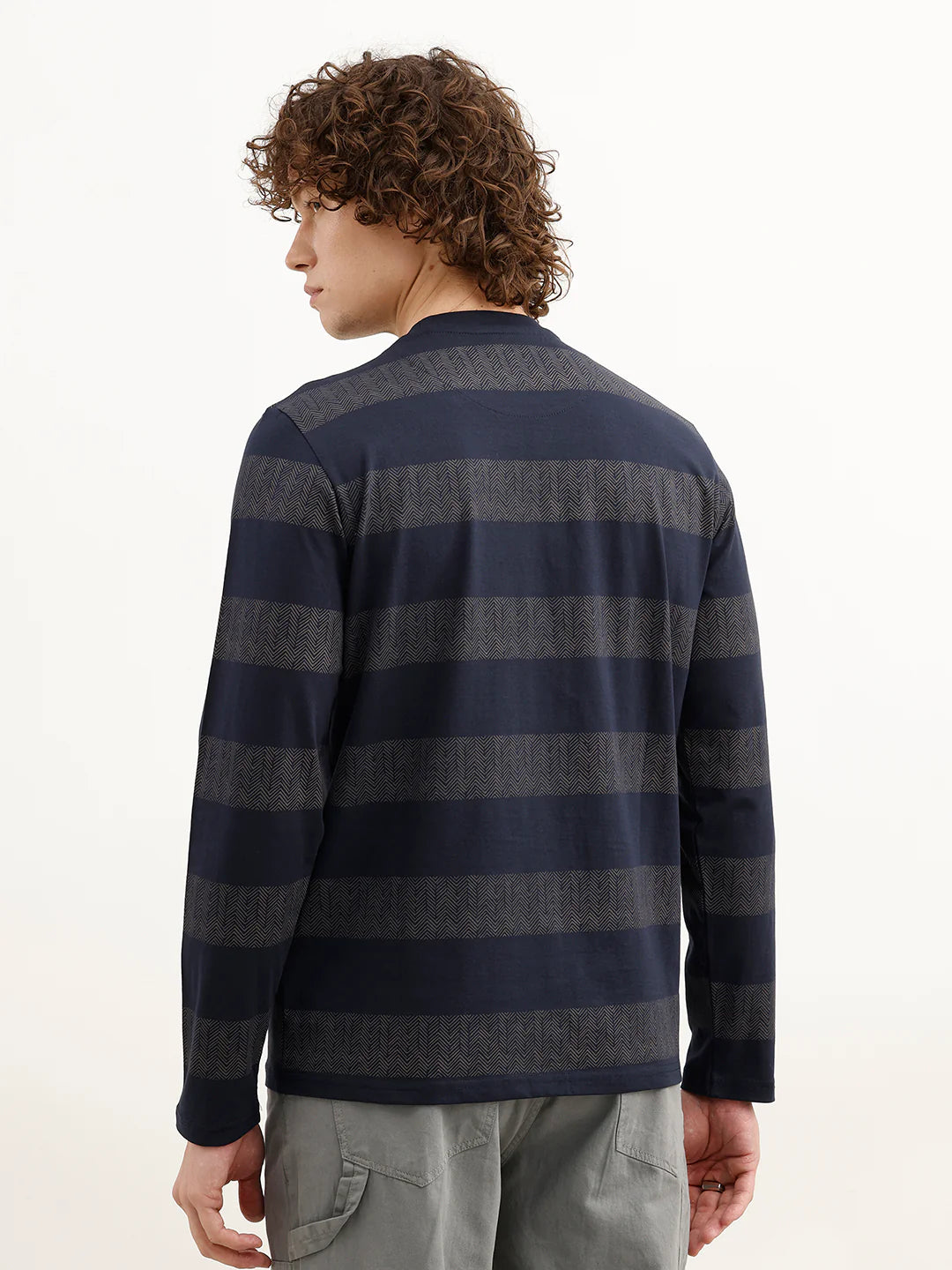 Slim Fit Printed Striped T-Shirt | Navy Blue