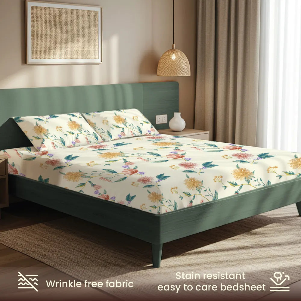 200 TC Glaced Cotton Microfiber Bedsheet with Pillow Covers - Petal Pop