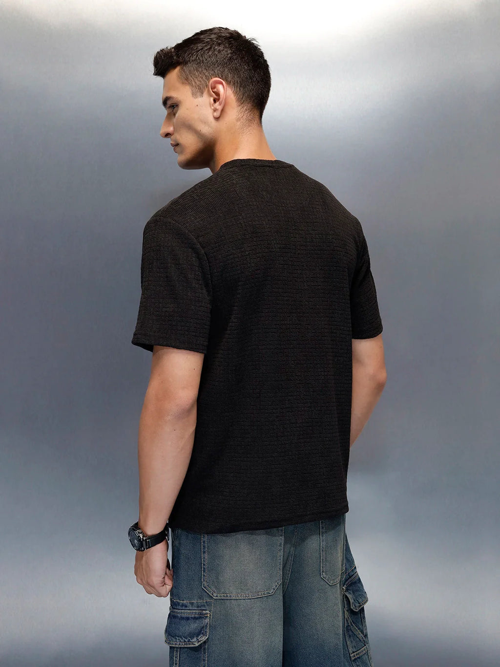 Textured Men's Casual Regualr Fit T-Shirt | Black