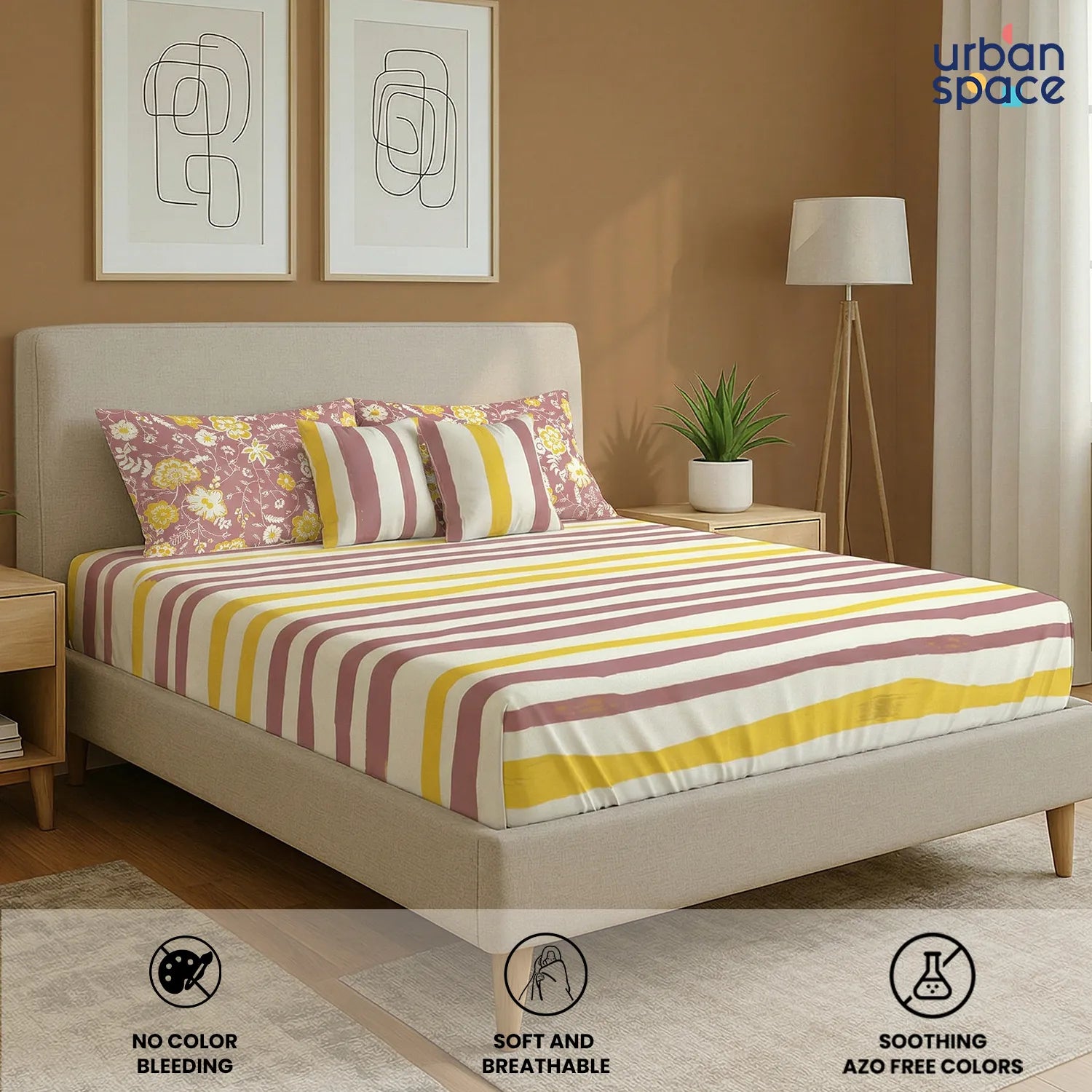 5 PC Cotton Double Bedsheet Set with 2 Pillow + 2 Cushion Covers - Streak Muddy Pink