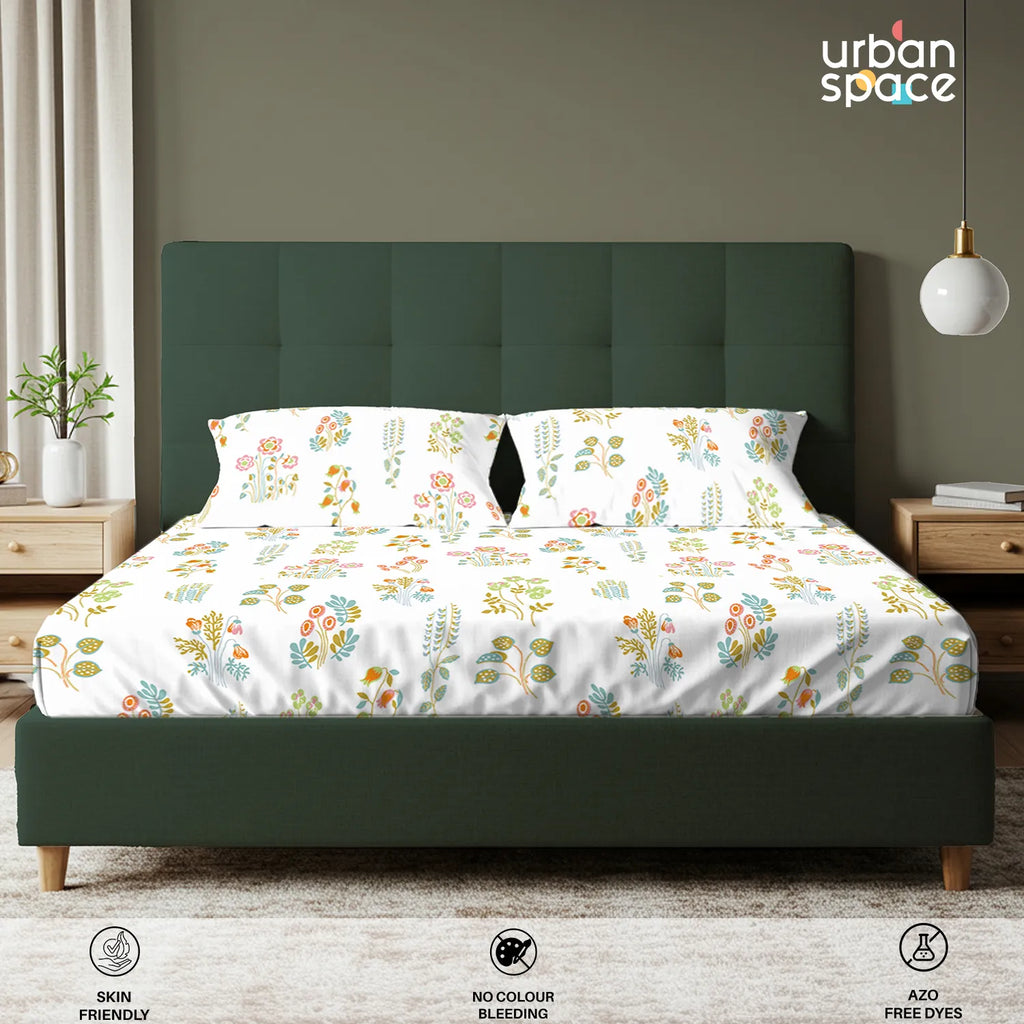 Serene 200 TC 100% Cotton Bedsheet with Pillow Covers - Eden White