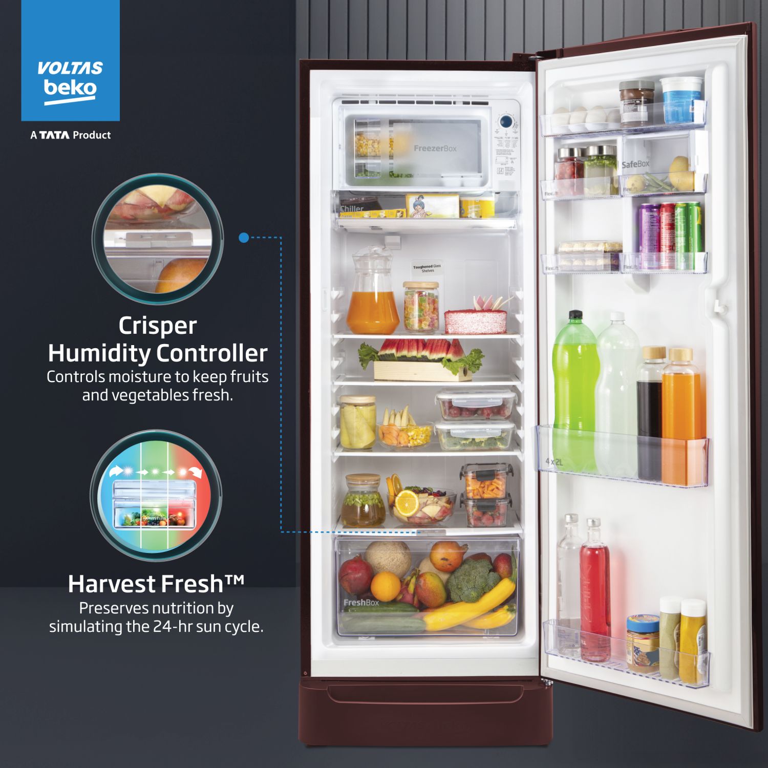Voltas Beko 185 L, 5 Star, Direct Cool Single Door Refrigerator (Bonita Wine)