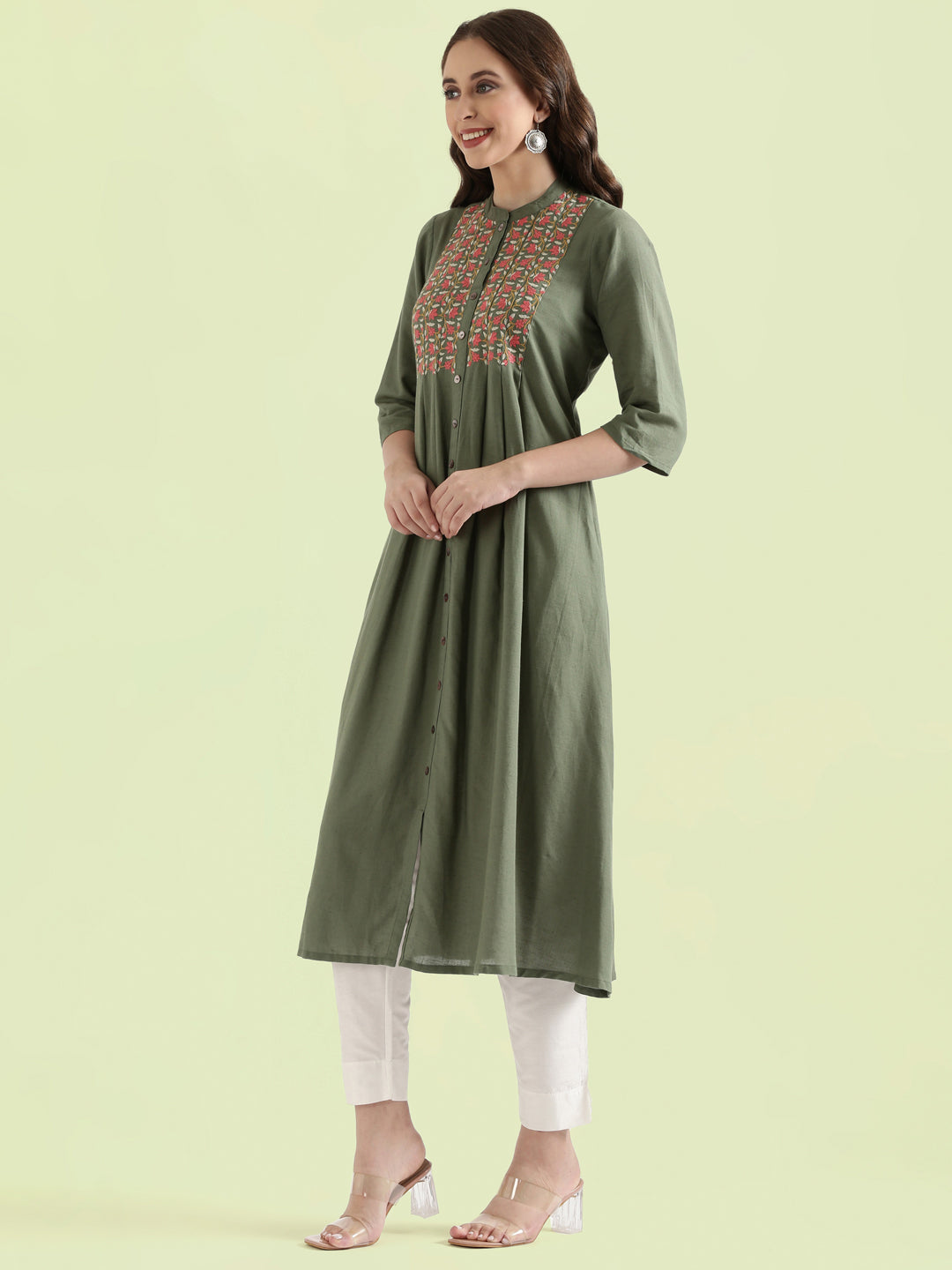Floral Vine Embroidered Yoke A-Line Long Kurta