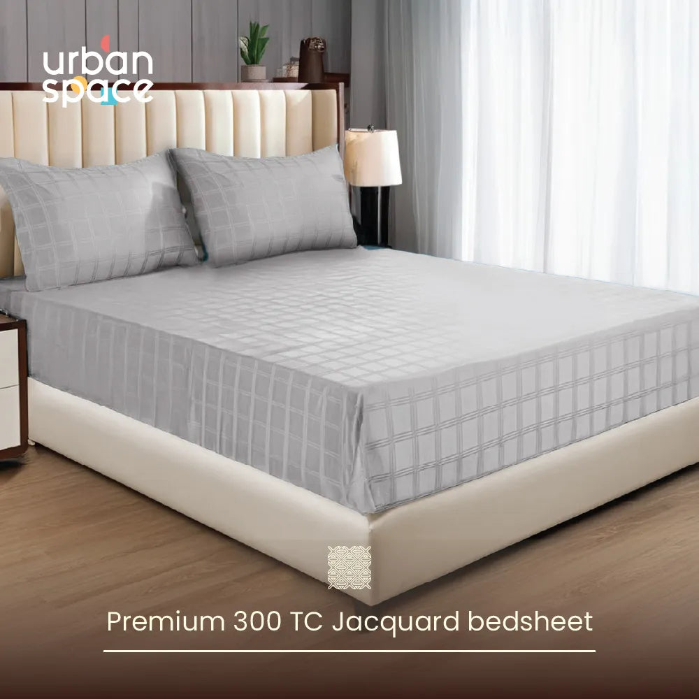 300 TC Super Soft King Bedsheet, Self Woven Checks Design - Silver Grey Checks