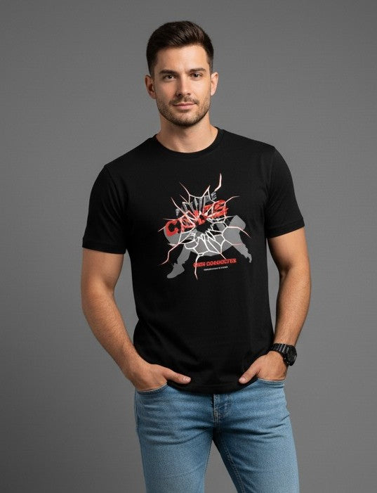 Men Printed Black Cotton Tshirt
