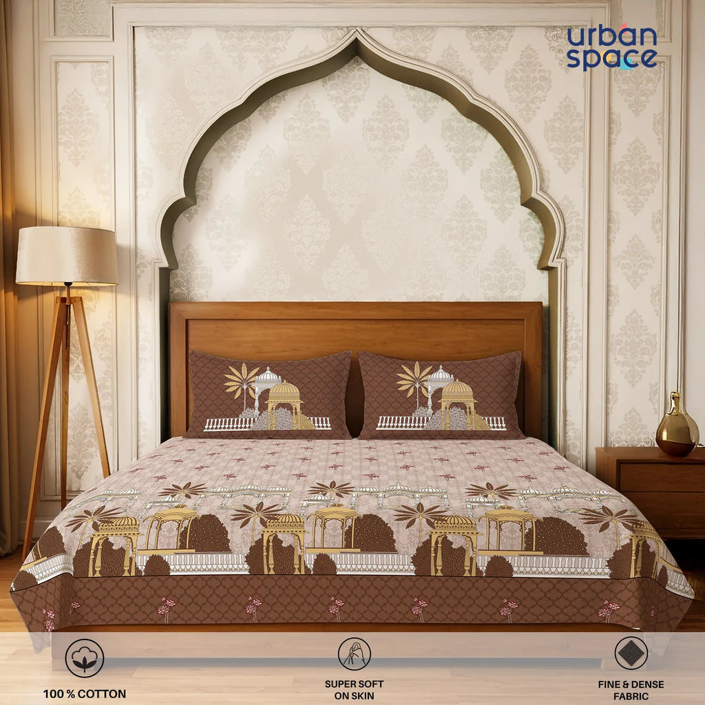 Serene 300 TC 100% Cotton Bedsheet with Pillow Covers, Panel Design - Aangan Brown