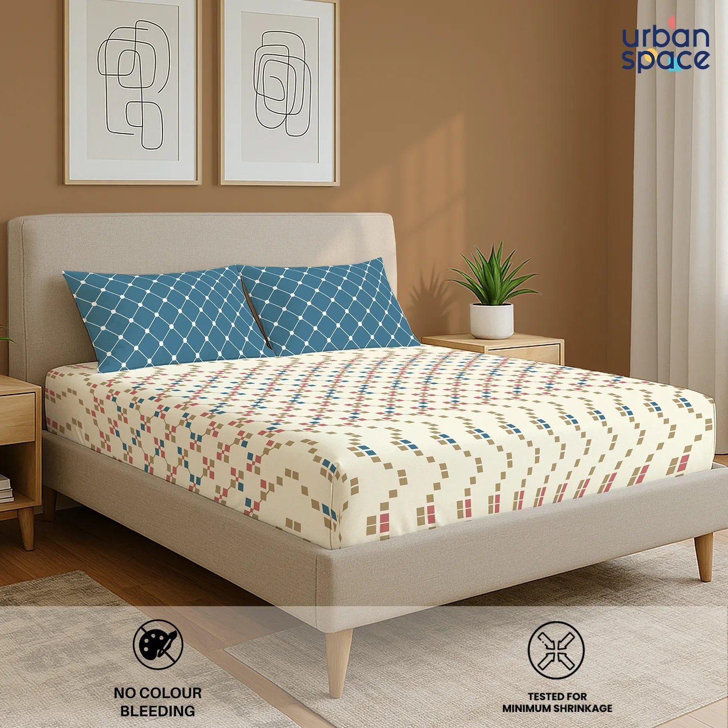 Divine Collection - Cotton Bedsheet With 2 Pillow Covers, Zen Blocks Blue