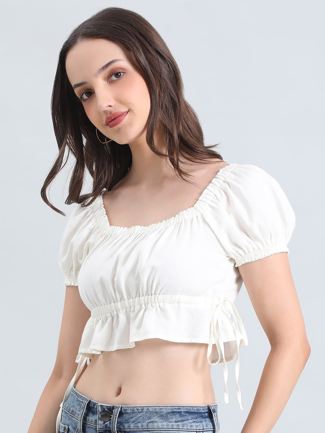 Linen Blend Square Neck Cropped Gathered Blouse