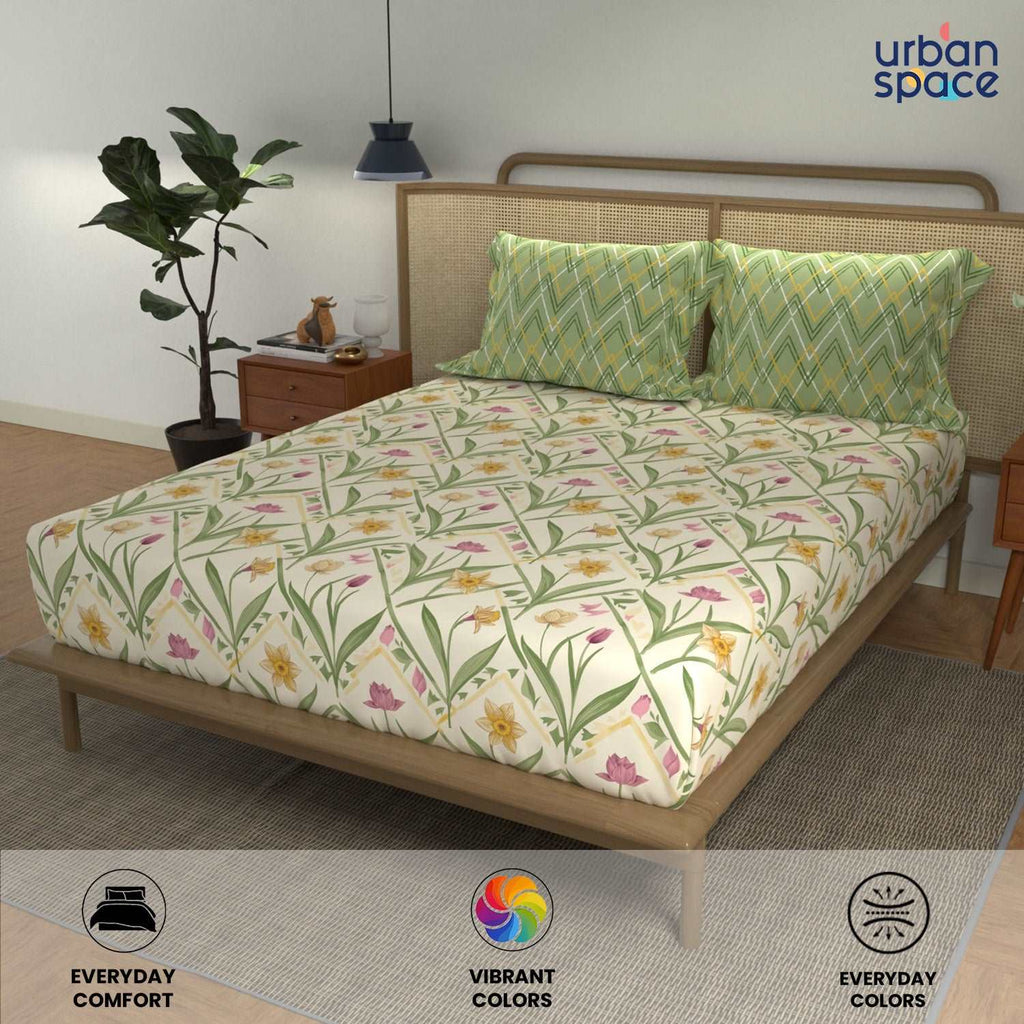 Divine Collection - Cotton Bedsheet With 2 Pillow Covers, Spring Sage Green