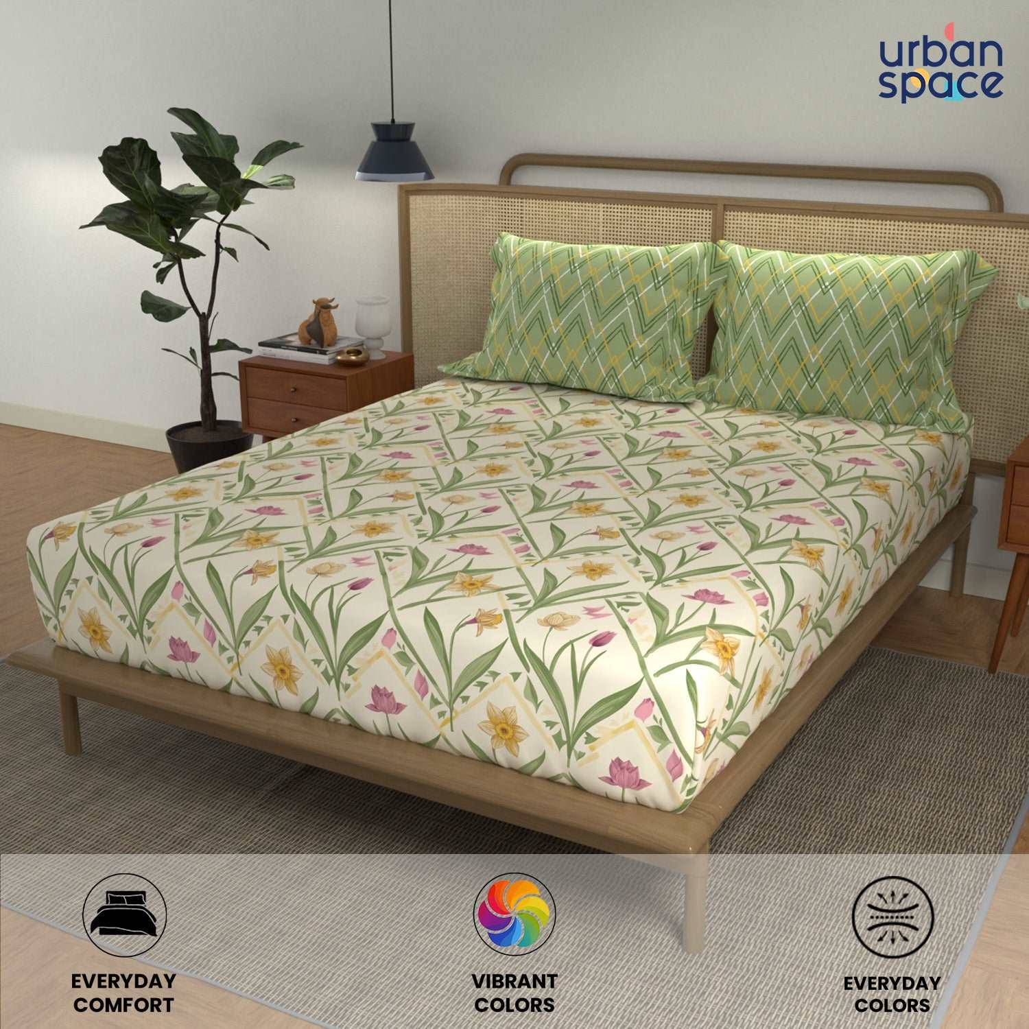 Divine Collection - Cotton Bedsheet With 2 Pillow Covers, Spring Sage Green