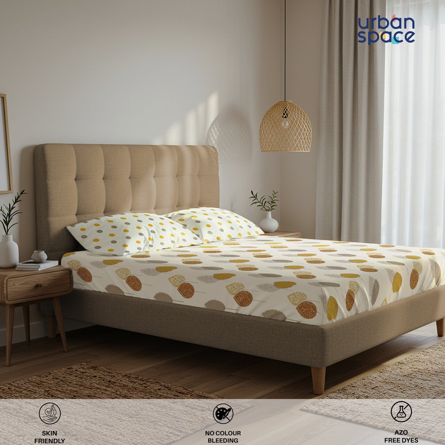 Serene 200 TC 100% Cotton Bedsheet with Pillow Covers - Drops Mustard