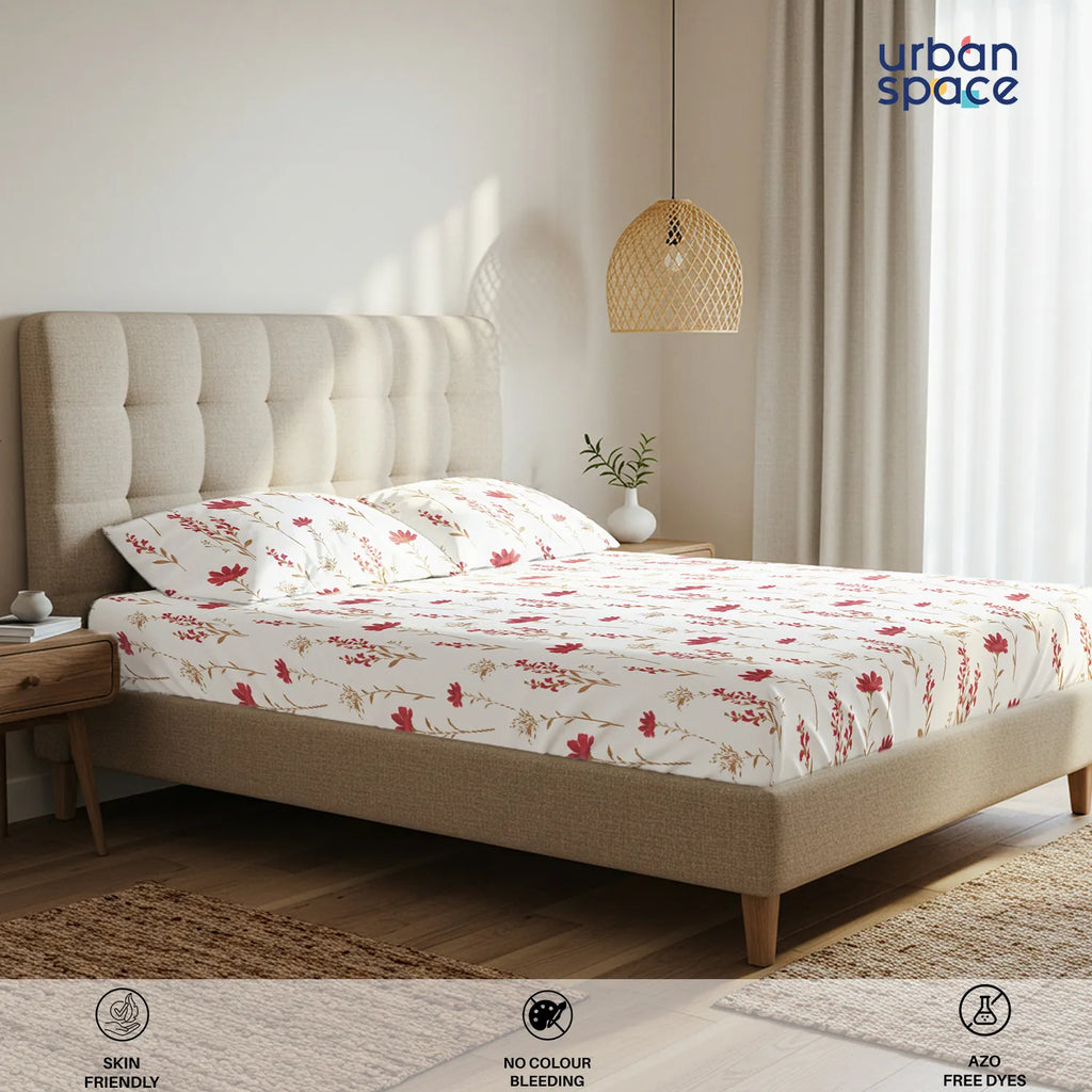 Serene 200 TC 100% Cotton Bedsheet with Pillow Covers - Orchid Blooms - Pink