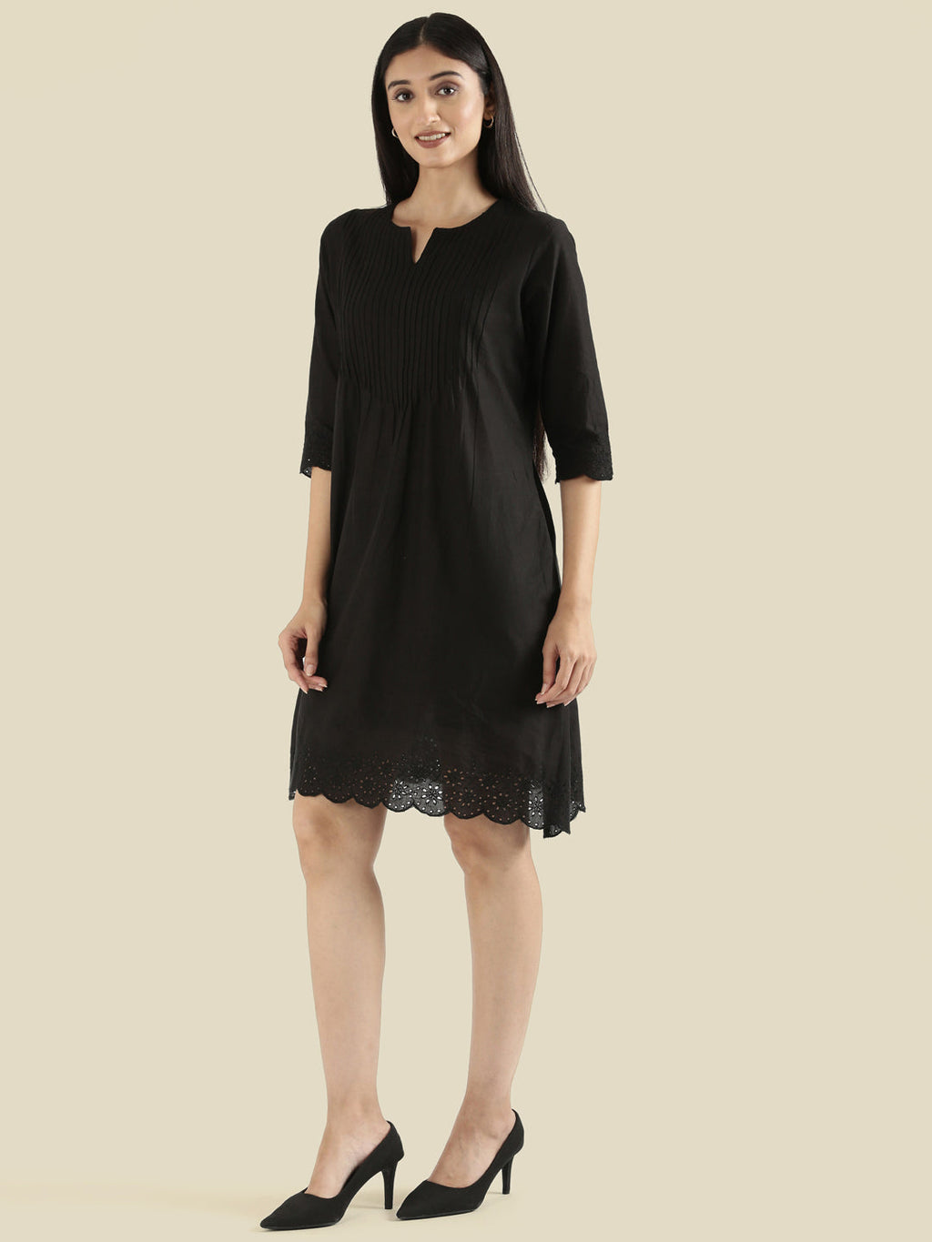 Cambric Cotton Pin-Tuck Schiffli Hakoba Midi Dress