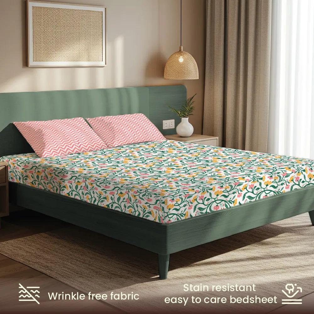 200 TC Glaced Cotton Microfiber Bedsheet with Pillow Covers - Kashmir