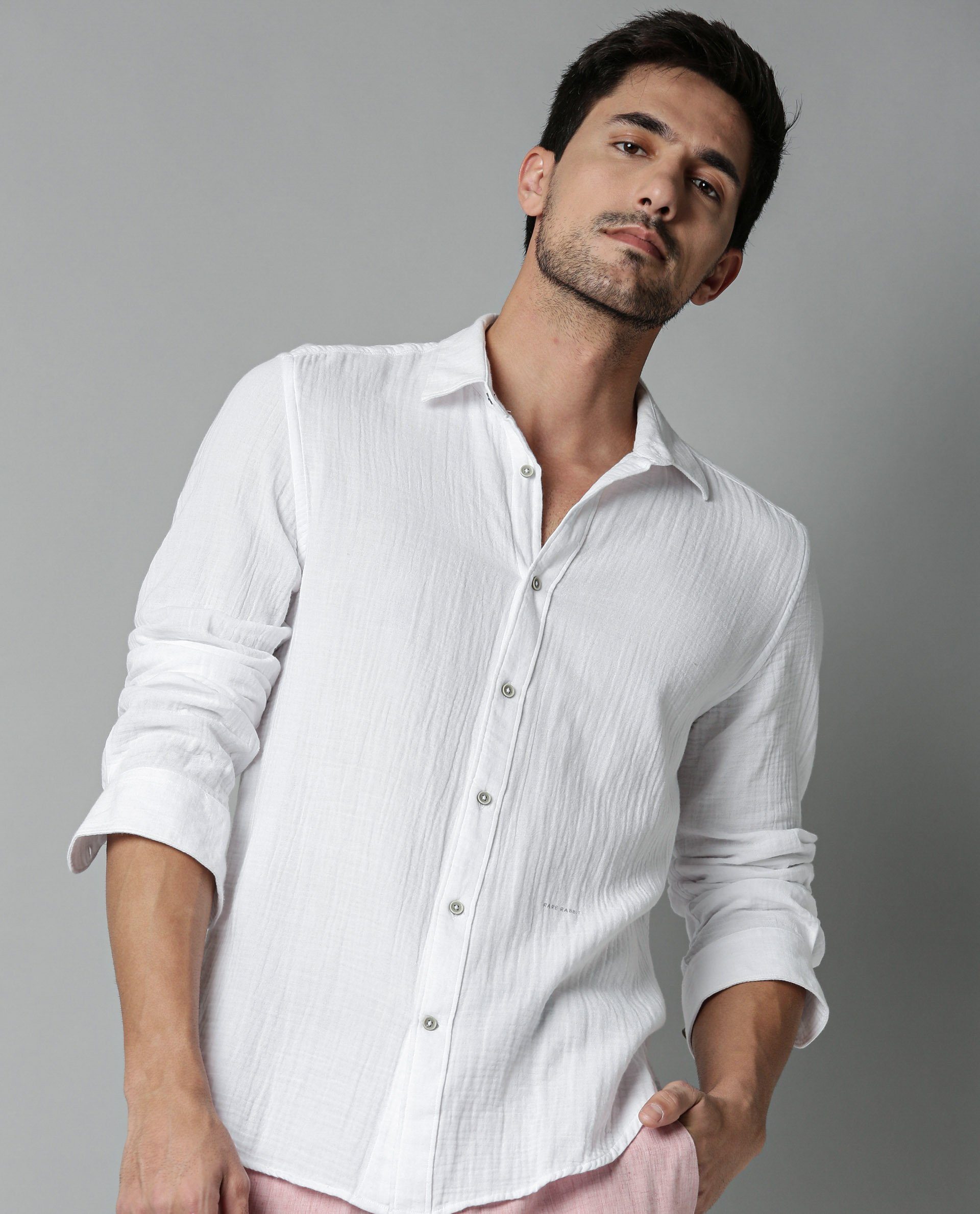 Rare Rabbit Men's Layerr White Plain Regular Fit Full Sleeve Spread Collar Shirt