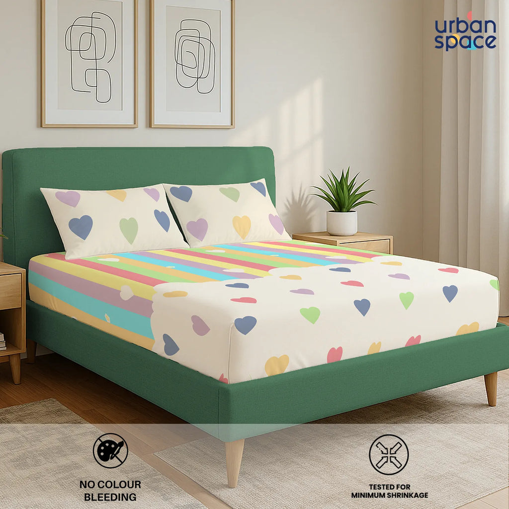 Divine Collection - Cotton Bedsheet With 2 Pillow Covers, Rainbow Hearts